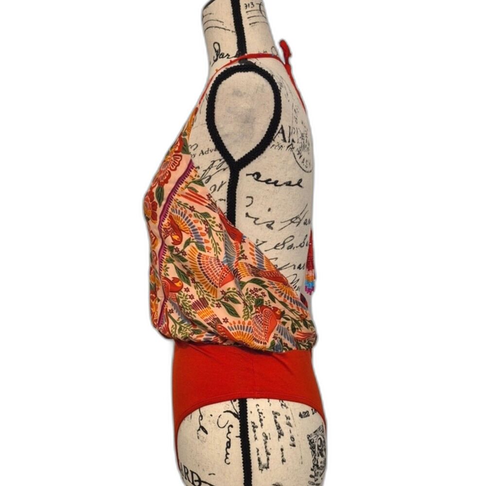 FARM Rio Floral Patchwork Bodysuit Small Red Tropical Boho Surplice Cami - Picture 4 of 14